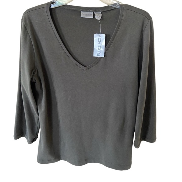 Chico's Vessa Olive V-Neck 3/4 Sleeve Top NWT size 2 , Cotton - Picture 1 of 4